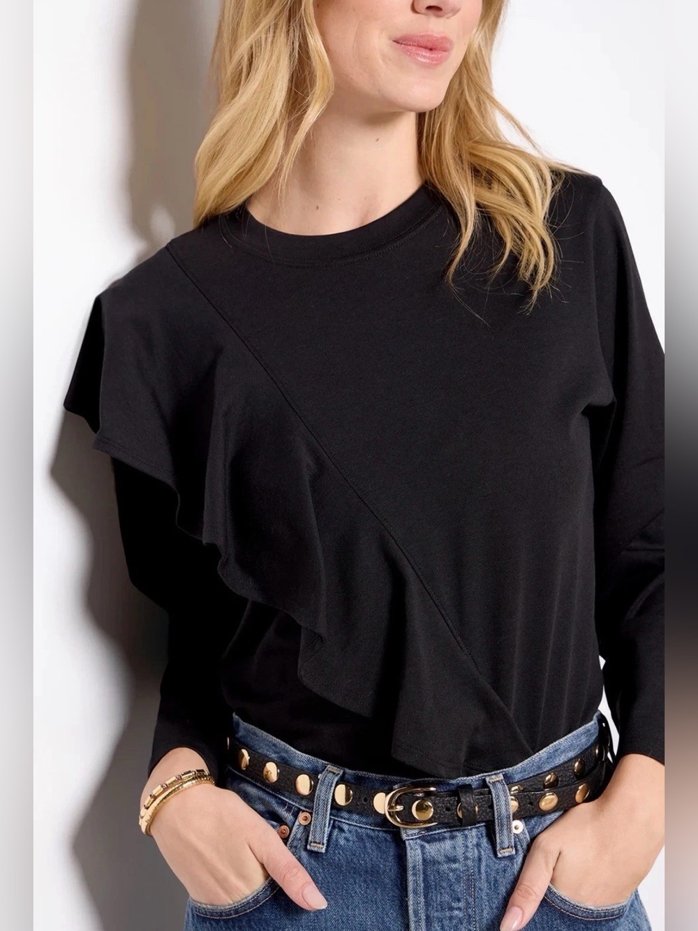 Nation LTD Farrah Flounce Black Asymmetrical Ruffle 3/4 Sleeve Top Size Small